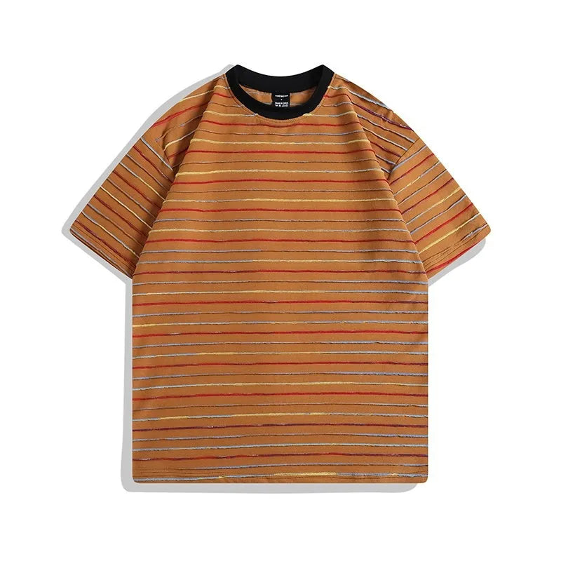 Men's loose fit striped t-shirt in five colour options showing round neck and short sleeve design