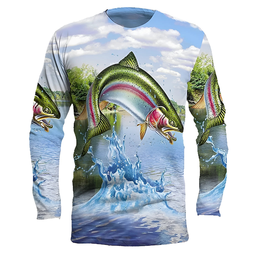 Men's grey pullover with a printed fish design on the chest, long sleeves, and a round neck.