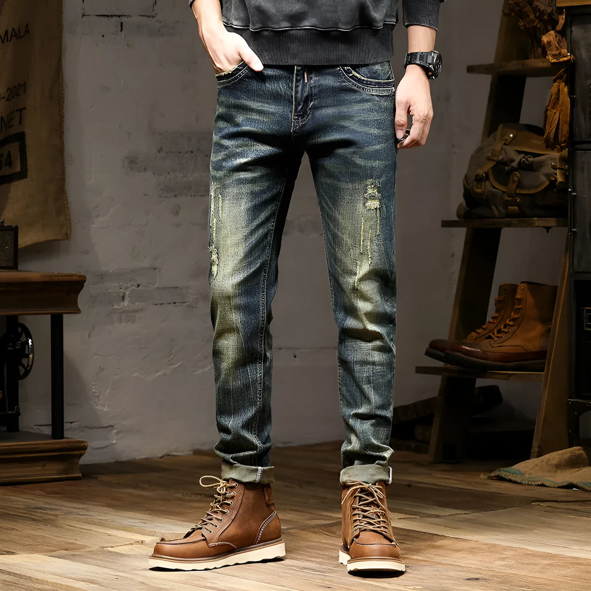 Men's slim-fit jeans in retro colour with stretch denim fabric and zip fly fastening