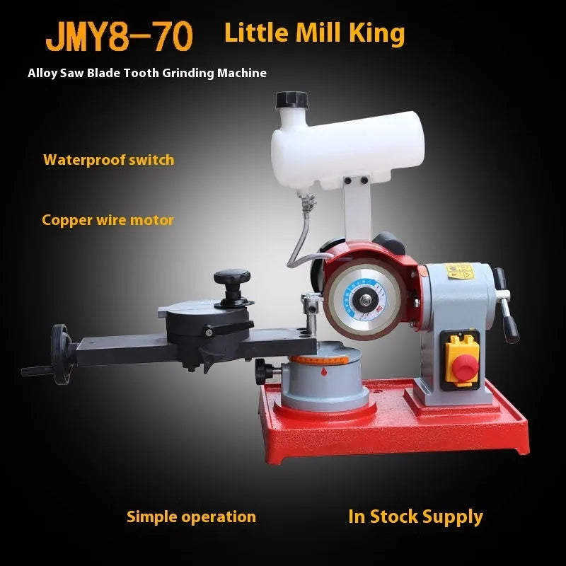 Xiao Mo Wang manual sharpening machine for alloy circular saw blades on a workshop bench.