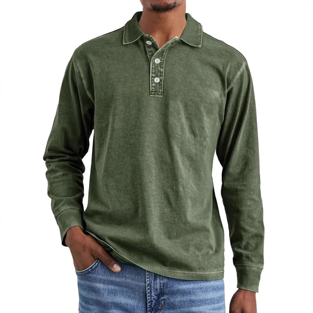 Retro styled long sleeve polo shirt with a distressed lapel, shown in army green colour