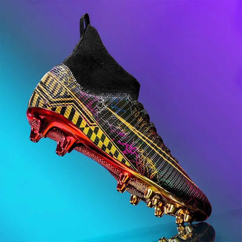 High-top football training shoes with gold-plated PVC soles in black, white and mandarin duck colours