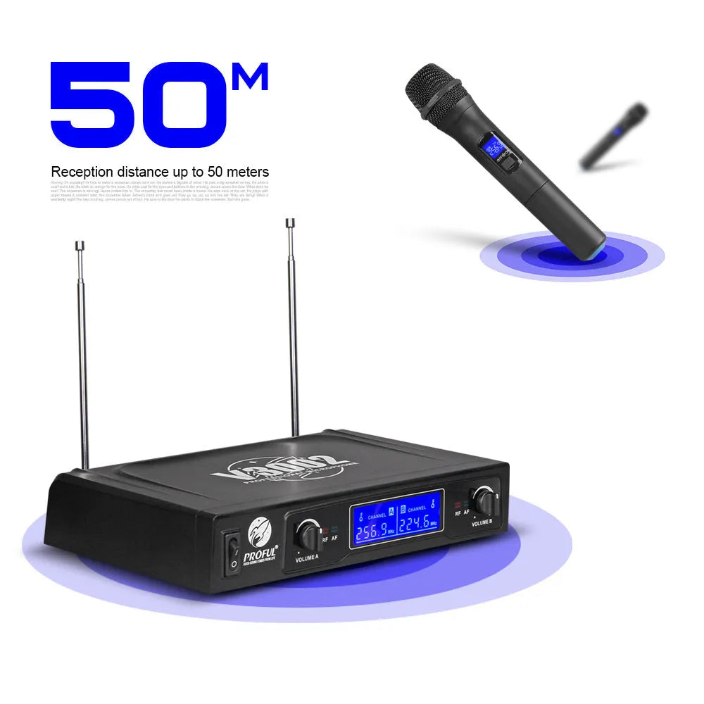 V-3002 wireless microphone system with two black handheld microphones and compact transmitter unit