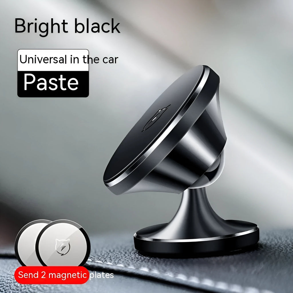 Shiny black magnetic car phone holder with alloy construction and suction cup base for dashboard mounting.