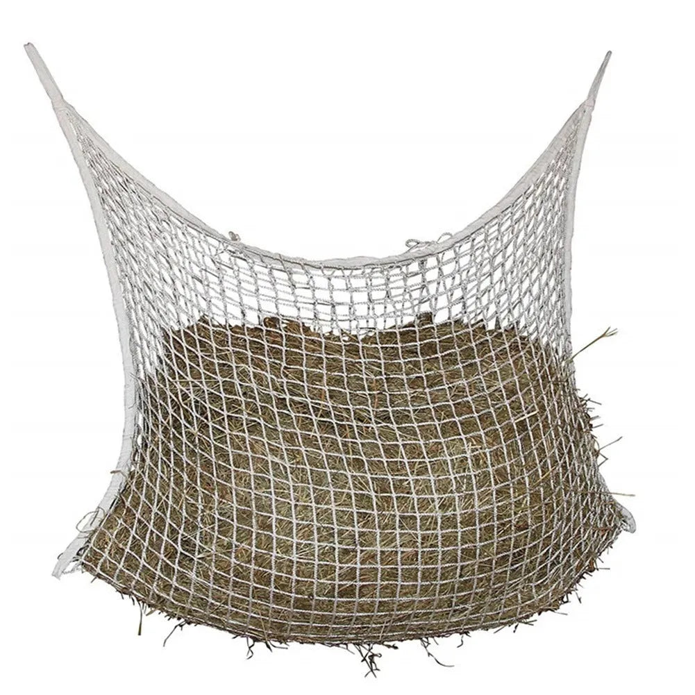 Woven grid hanging feeding bag made of PE rope, shown in black, suitable for horses and cattle.