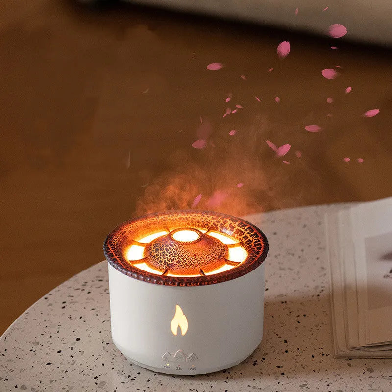 Volcano-shaped humidifier emitting a two-colour mist ring on a table.