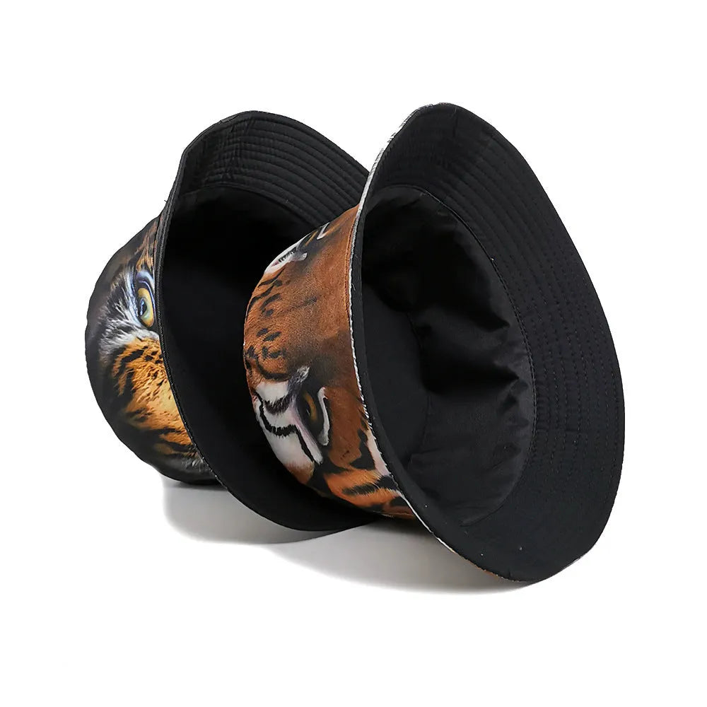 Khaki tiger print bucket hat with domed crown on a neutral background.