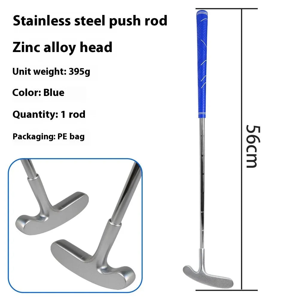 Golf putter with stainless steel shaft, double-sided sleeve head, and pattern grip in six colours and four lengths.