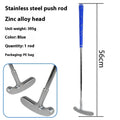 Golf putter with stainless steel shaft, double-sided sleeve head, and pattern grip in six colours and four lengths.