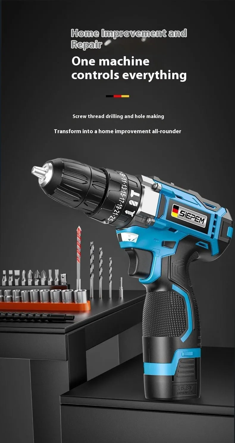 12V two-speed multi-function impact pistol drill electric screwdriver set in a luxury plastic box.