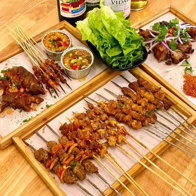Square bamboo barbecue tray with brown handle for commercial catering service