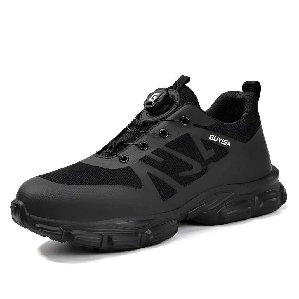 Black lightweight safety shoes with steel toe cap and Flyknit fabric upper
