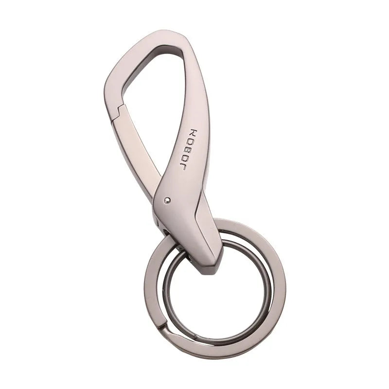 Black zinc alloy double ring keychain for waist hanging, measuring 8.3 by 3.5 centimetres.
