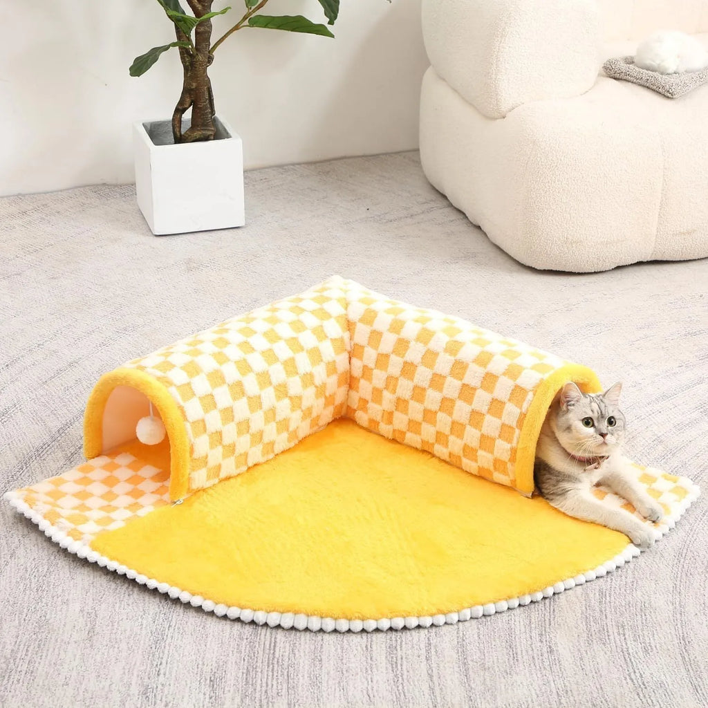 Coffee coloured fan-shaped plush pet bed with a tunnel entrance and anti-slip granular base.