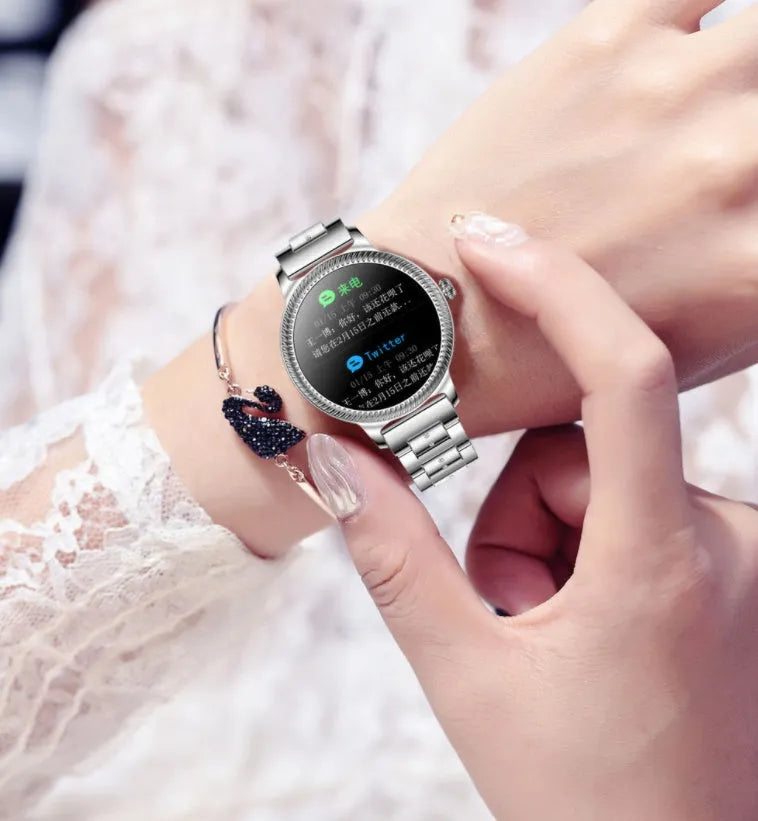 AK38 ladies smart watch with stainless steel bracelet and 1.09-inch display