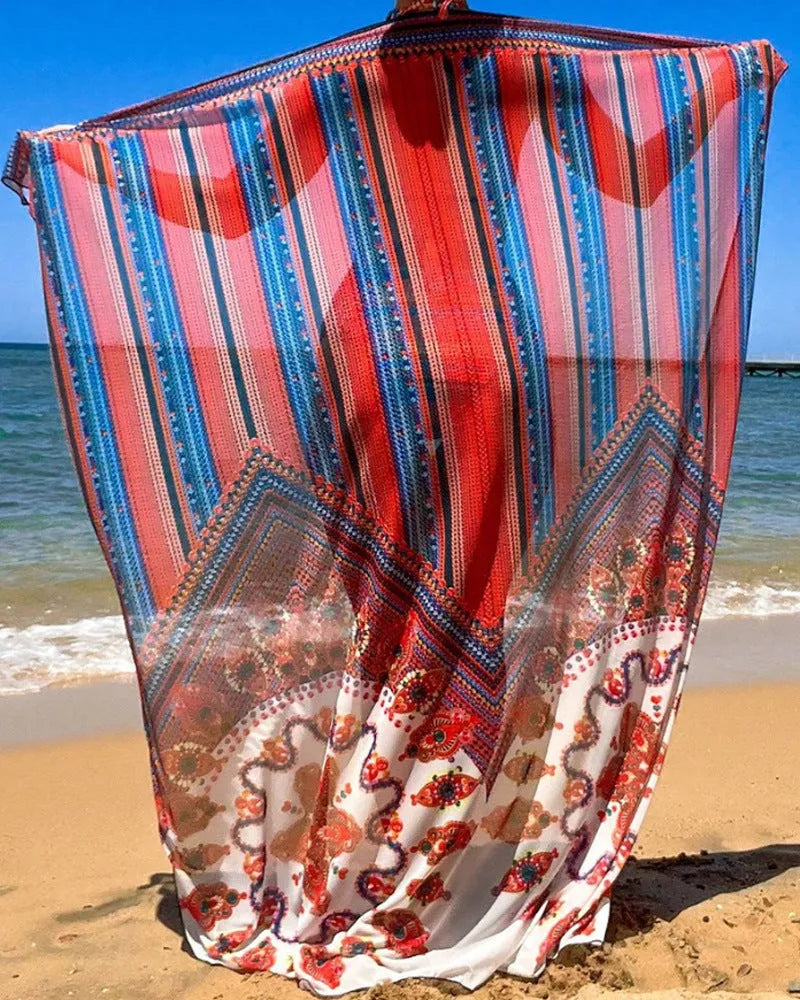 Women's three-piece swimsuit set showing high-waist briefs, cutout blouse, and matching coat