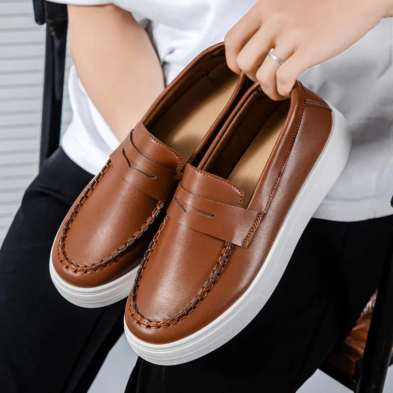 British style round toe casual shoes in PU leather, shown in white, black and white, and khaki colours.