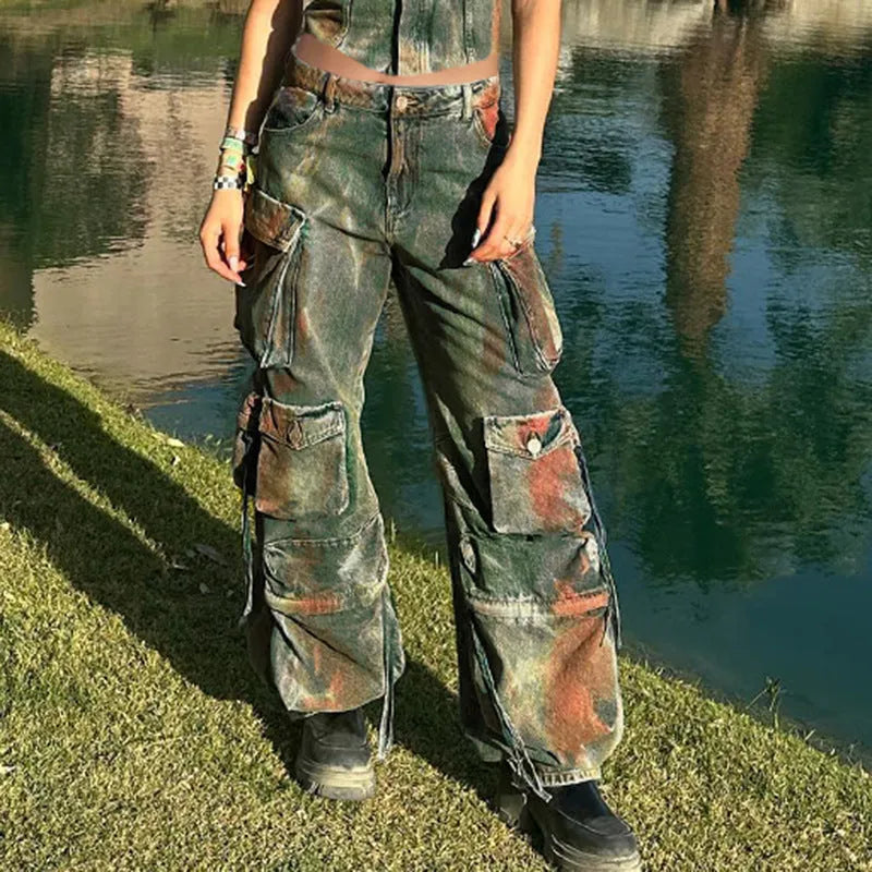 Loose cargo denim trousers with gradient colour pockets and multiple storage compartments