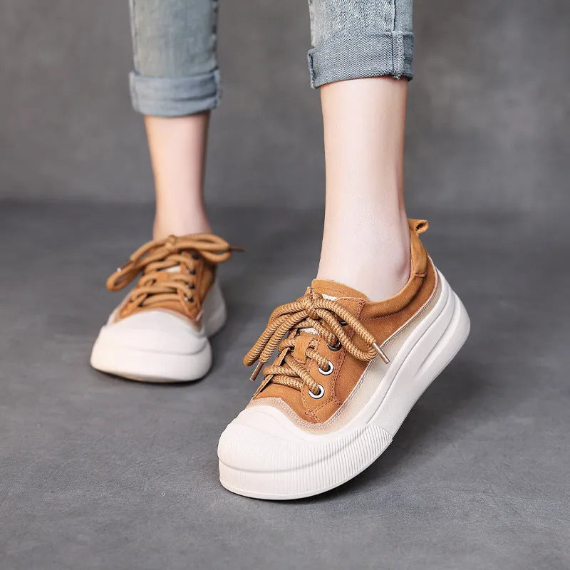 Women's yellow and cameo brown full grain cow leather lace-up casual shoes with round toe and rubber sole.
