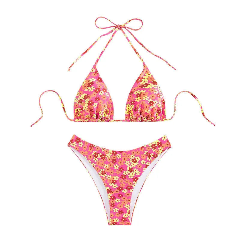 Women's blue printed lace-up swimsuit set with matching shorts