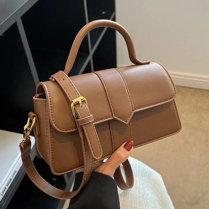 Women's beige PU messenger bag showing front view with sandwich pocket, 22cm width, and handle.