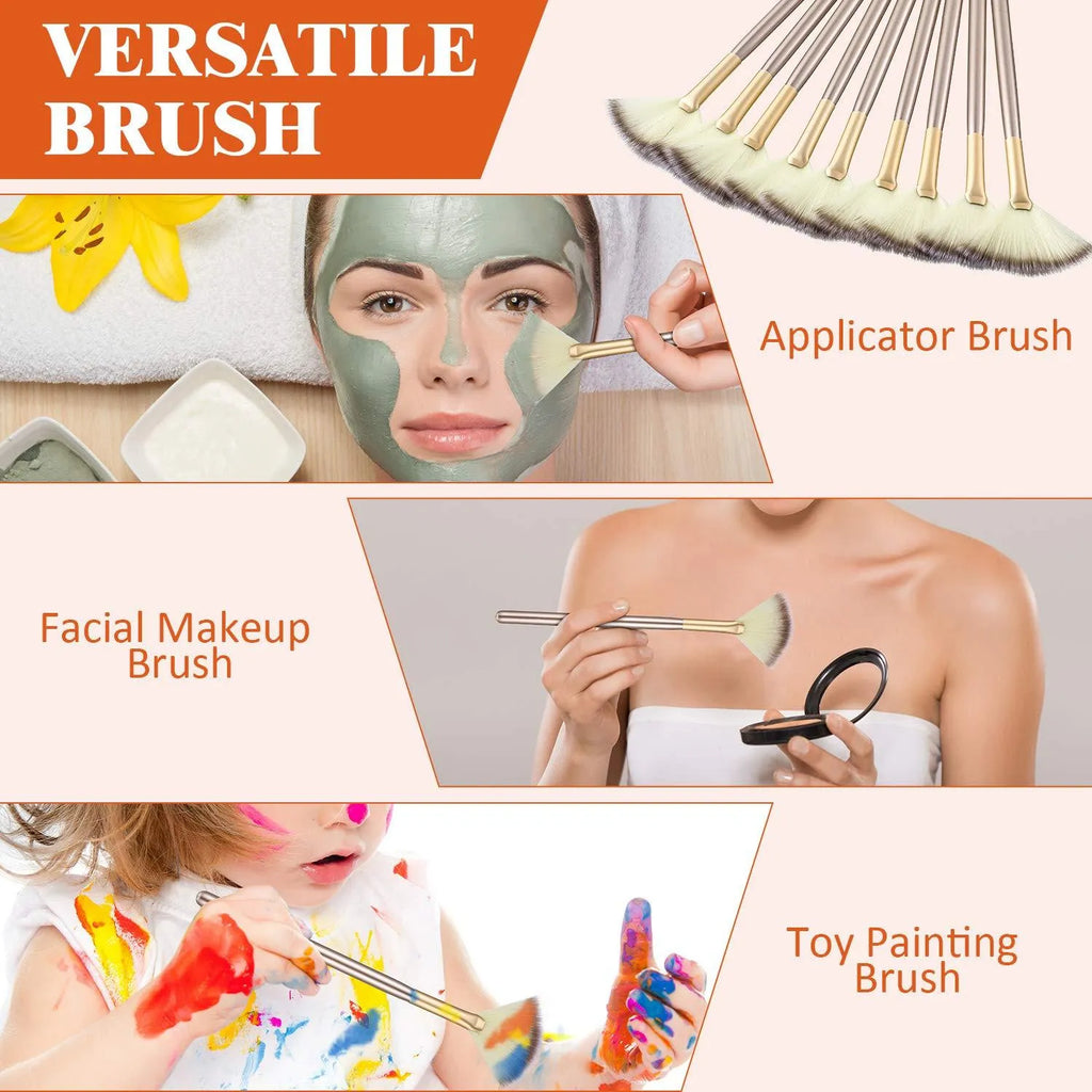 Ten champagne-finished facial fan brushes with acrylic handles and protective covers.