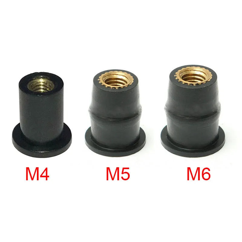 Motorcycle windshield mounting hardware black rubber well nuts with brass inserts M4 M5 M6 sizes