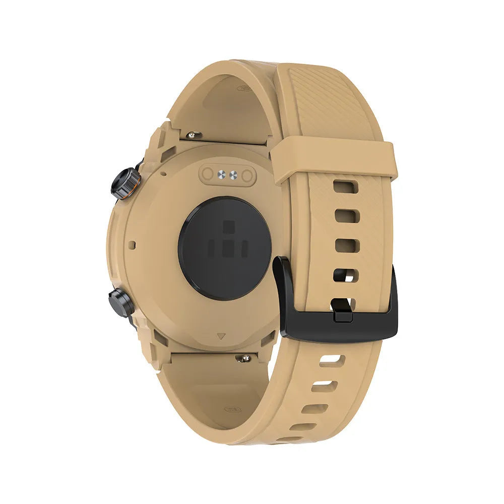 MG02 smart watch in black, khaki, or silver orange on wrist, showing TFT touch screen with health metrics display.