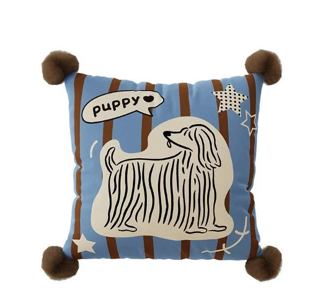 Printed cartoon anime cushion on sofa in blue, brown or white with cute animal design