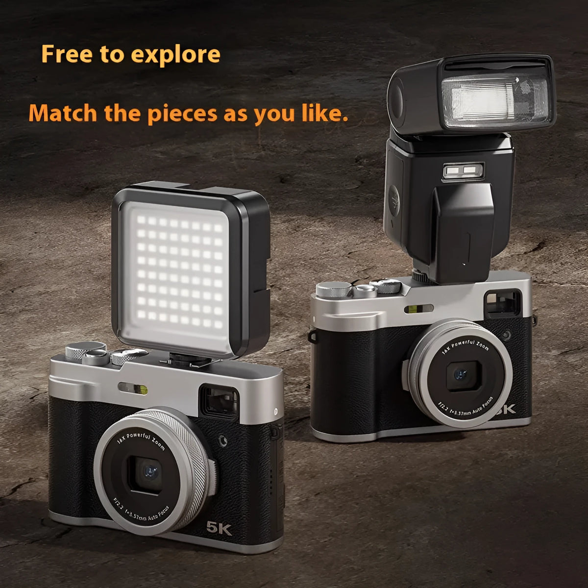 Black and brown 5K digital camera with dual lenses, optical viewfinder, and 2.88-inch screen on a table with accessories.