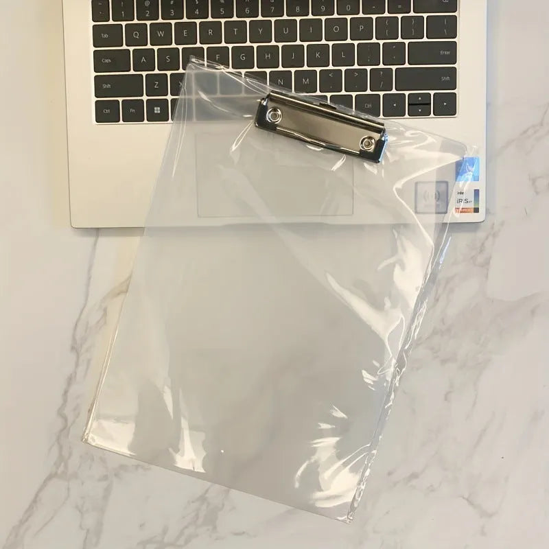 Clear plastic A4 plate holder with metal clip holding documents, available in multiple colours including blue, green, red and white.