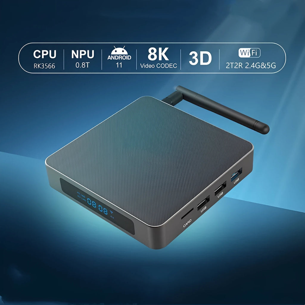 Android 8K set-top box with RK3566 processor measuring 105mm x 105mm x 20mm