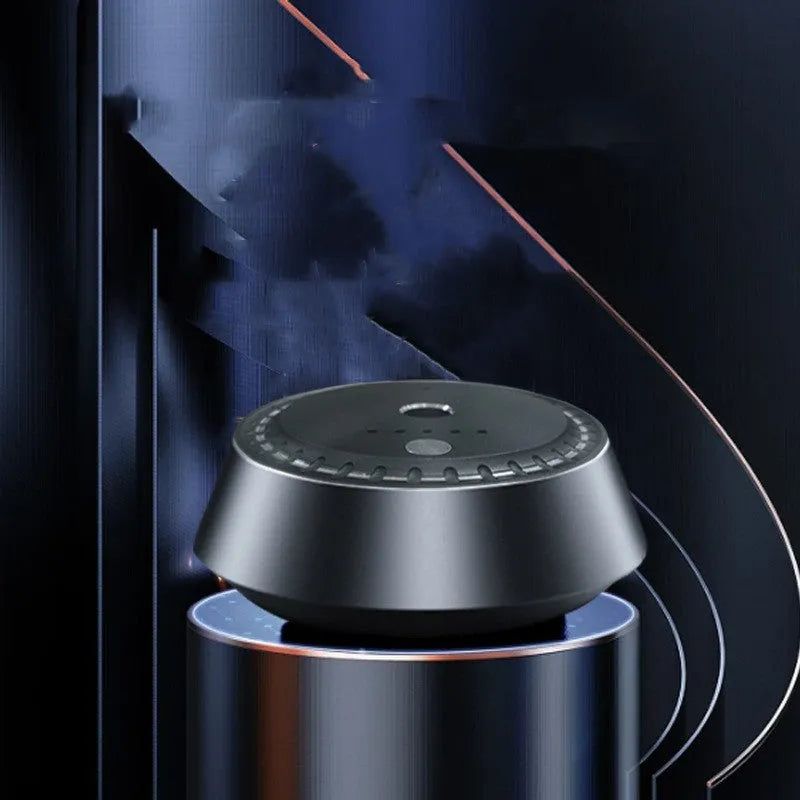 Black metal car aroma diffuser with USB charging port and control buttons