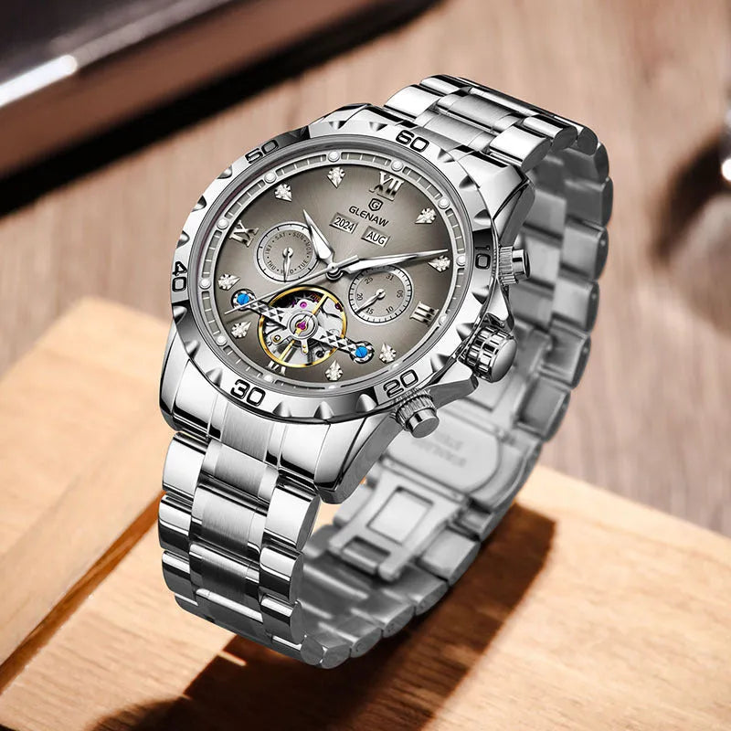 Automatic mechanical watch for men with stainless steel strap on wrist, showing metal case and watch face.