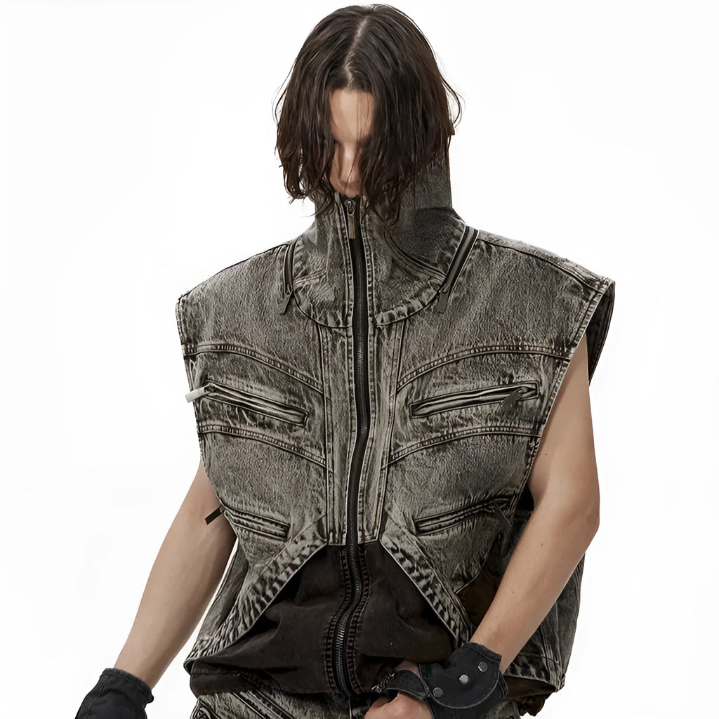 Men's splicing denim sleeveless vest with zipper in cotton fabric for summer casual wear