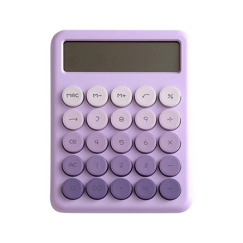 A gradient colour desktop calculator in violet, pink, blue, or green on a desk.