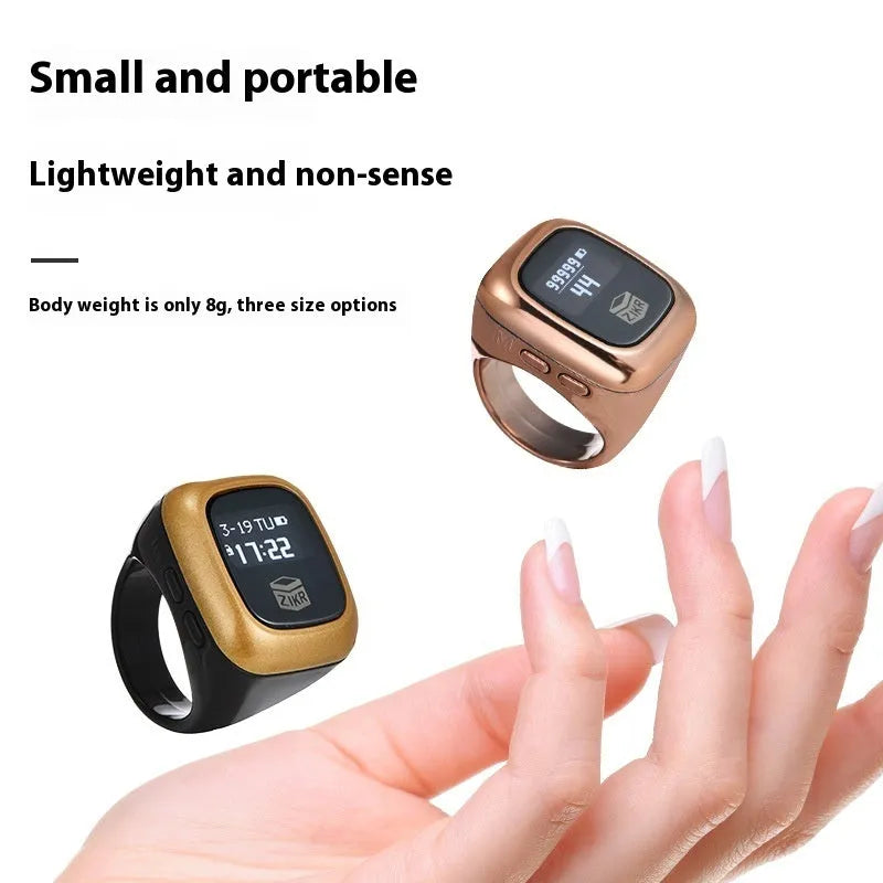 Electronic counter with digital display on a wristband, shown in multiple colour options.