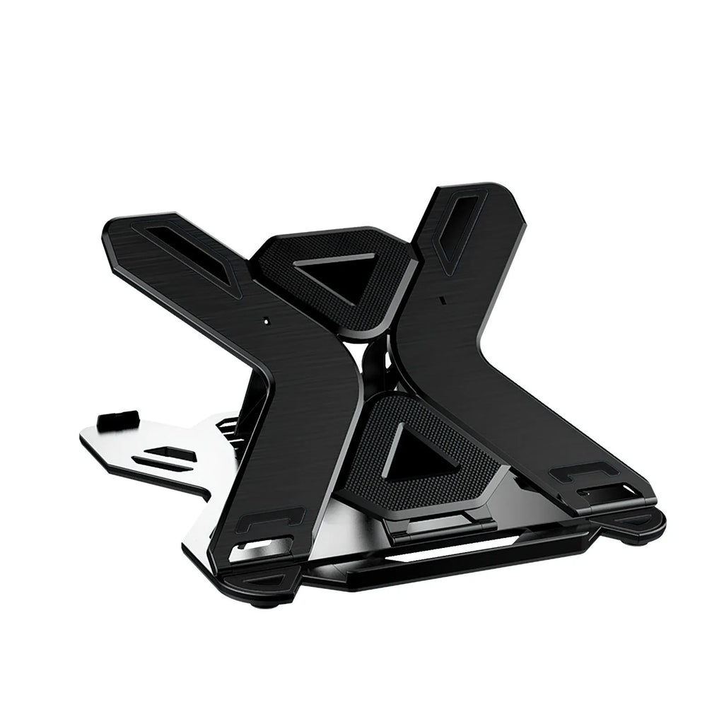 Black ABS plastic laptop stand with an integrated mobile phone holder on a wooden desk.