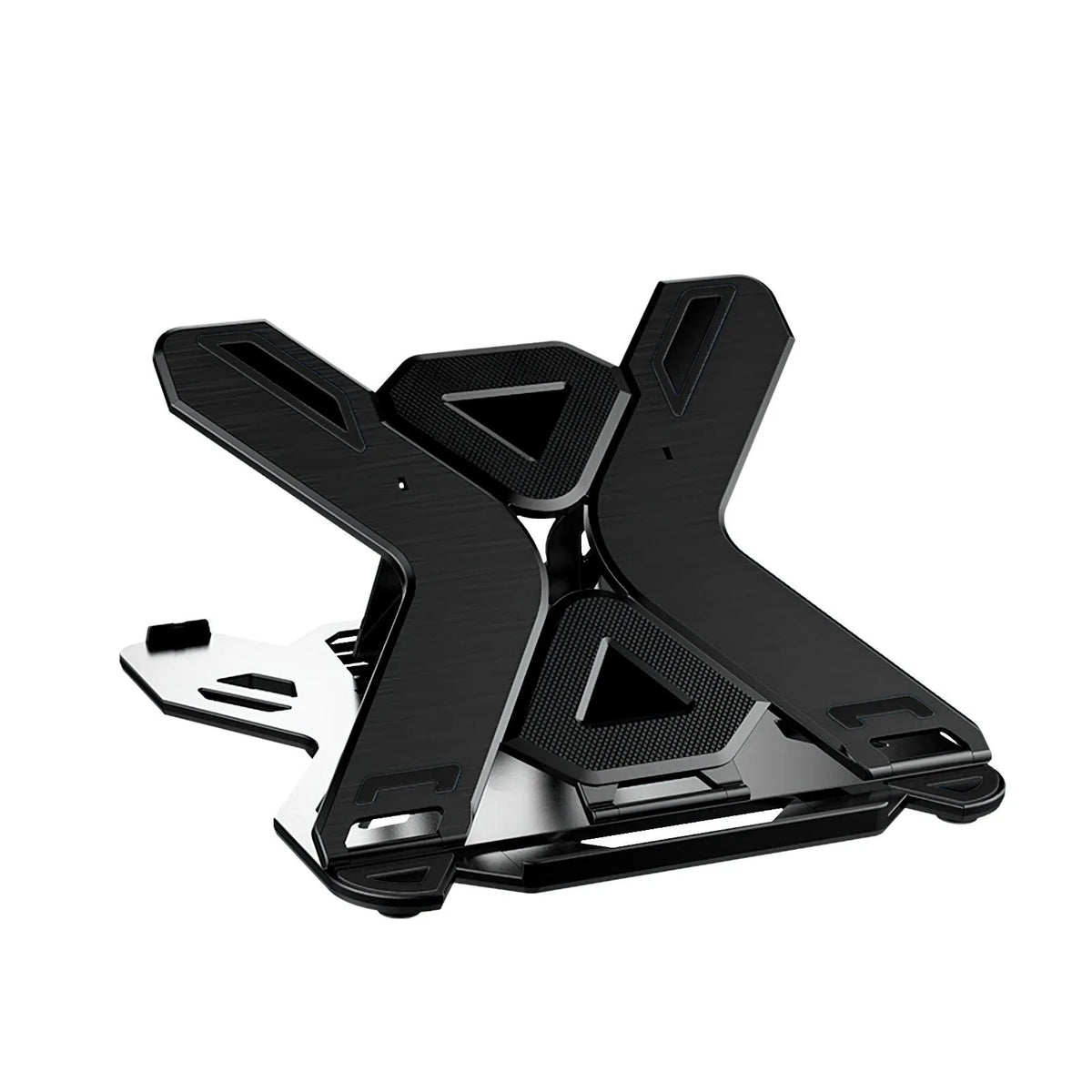 Black ABS plastic laptop stand with an integrated mobile phone holder on a wooden desk.