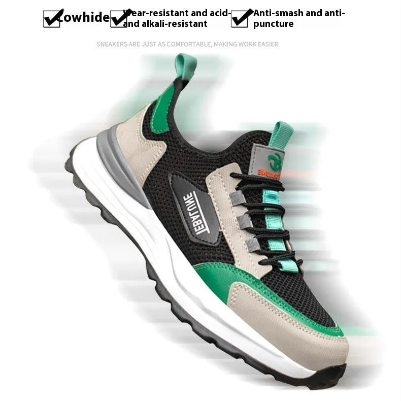 Black green plastic steel toe anti-smash work shoe with mesh upper on a TPU sole
