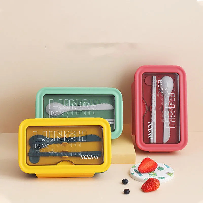 Four-layer partitioned bento lunch box in Nordic design with green, red, or yellow plastic construction
