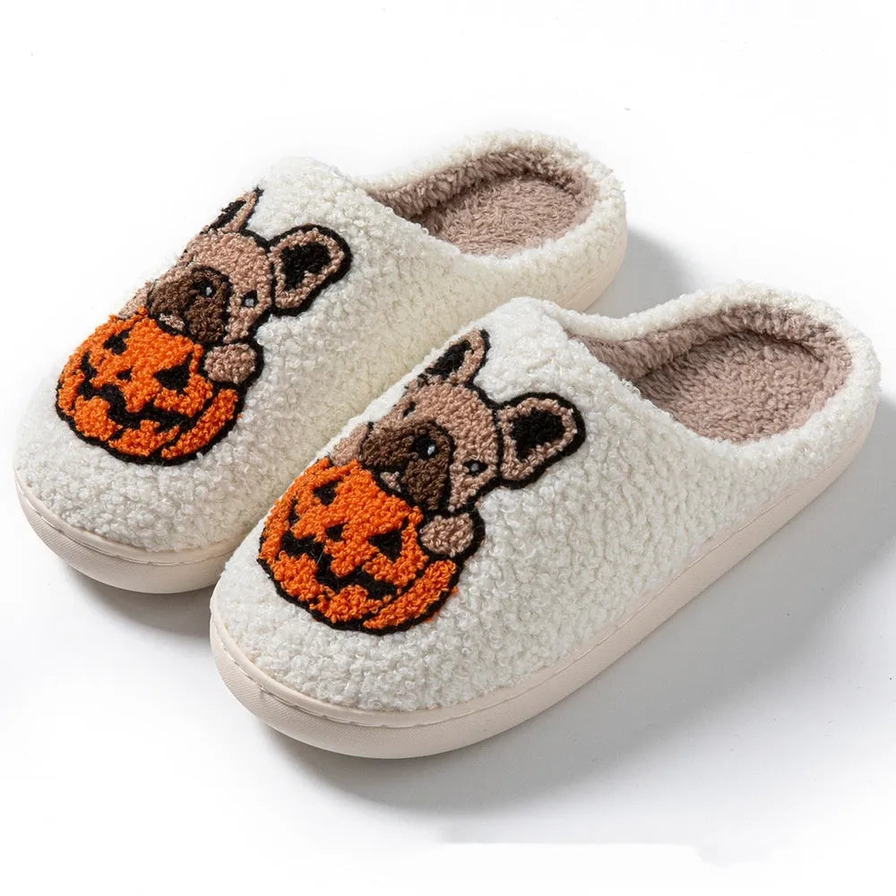 Halloween pumpkin pattern plush slippers with non-slip TPR soles in black and white colours