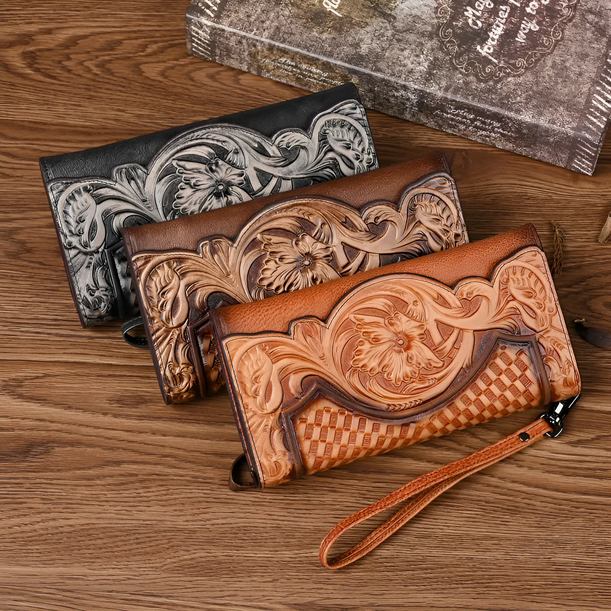 Women's brown embossed floral genuine leather tri-fold wallet showing interior compartments
