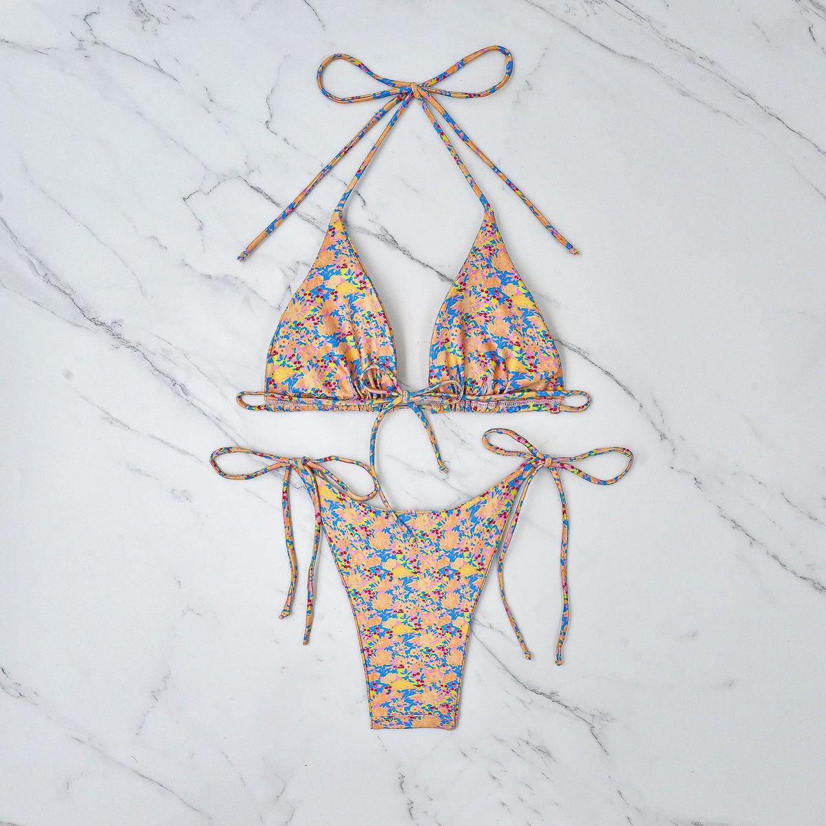 Lace-up bikini swimsuit with backless design and split briefs style in picture colour