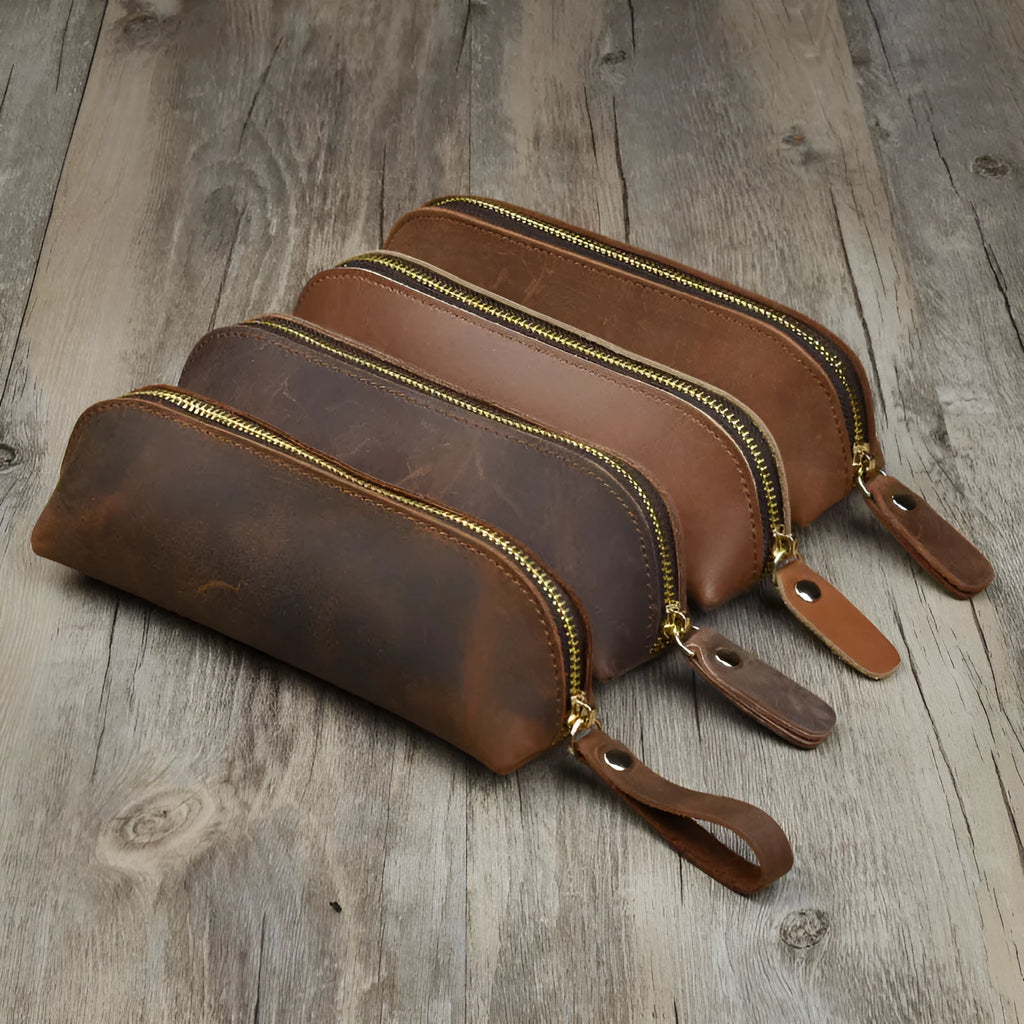 Genuine cowhide leather handmade square storage case with zipper in black colour