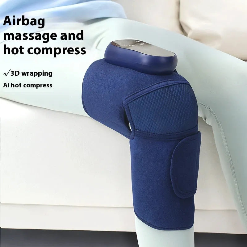 Blue self-heating knee massager with airbag compression, vibration and heating functions for joint therapy