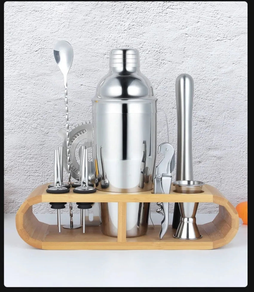 23-piece stainless steel cocktail set with European style design including shaker, strainer, and bar tools