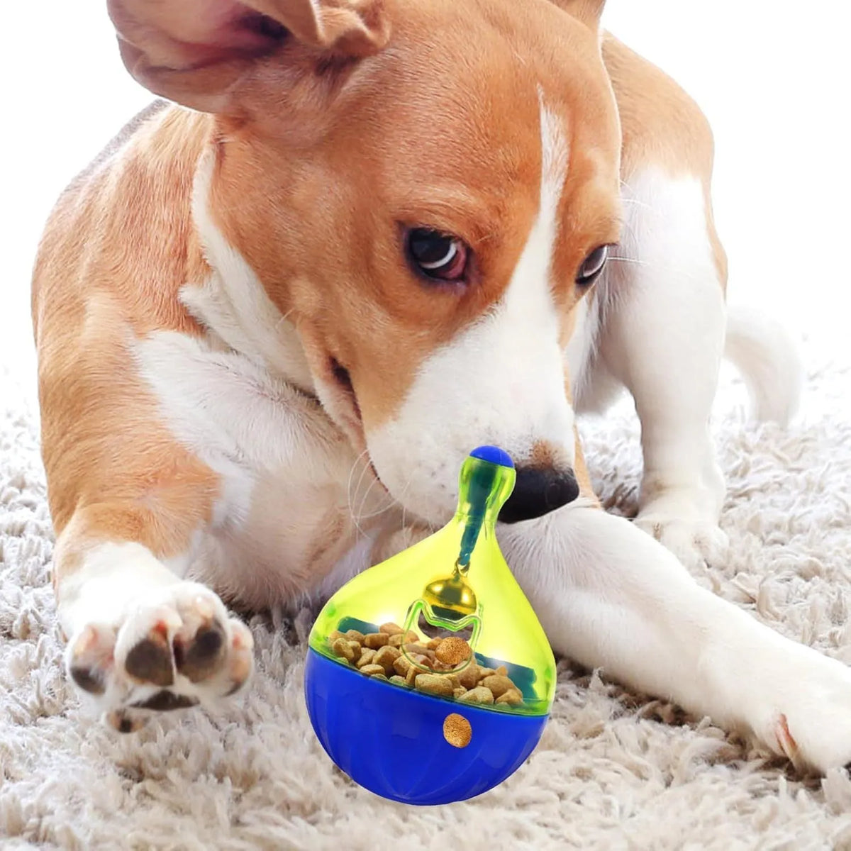 Blue and white tumbler-shaped dog and cat treat dispenser puzzle toy on a wooden floor.