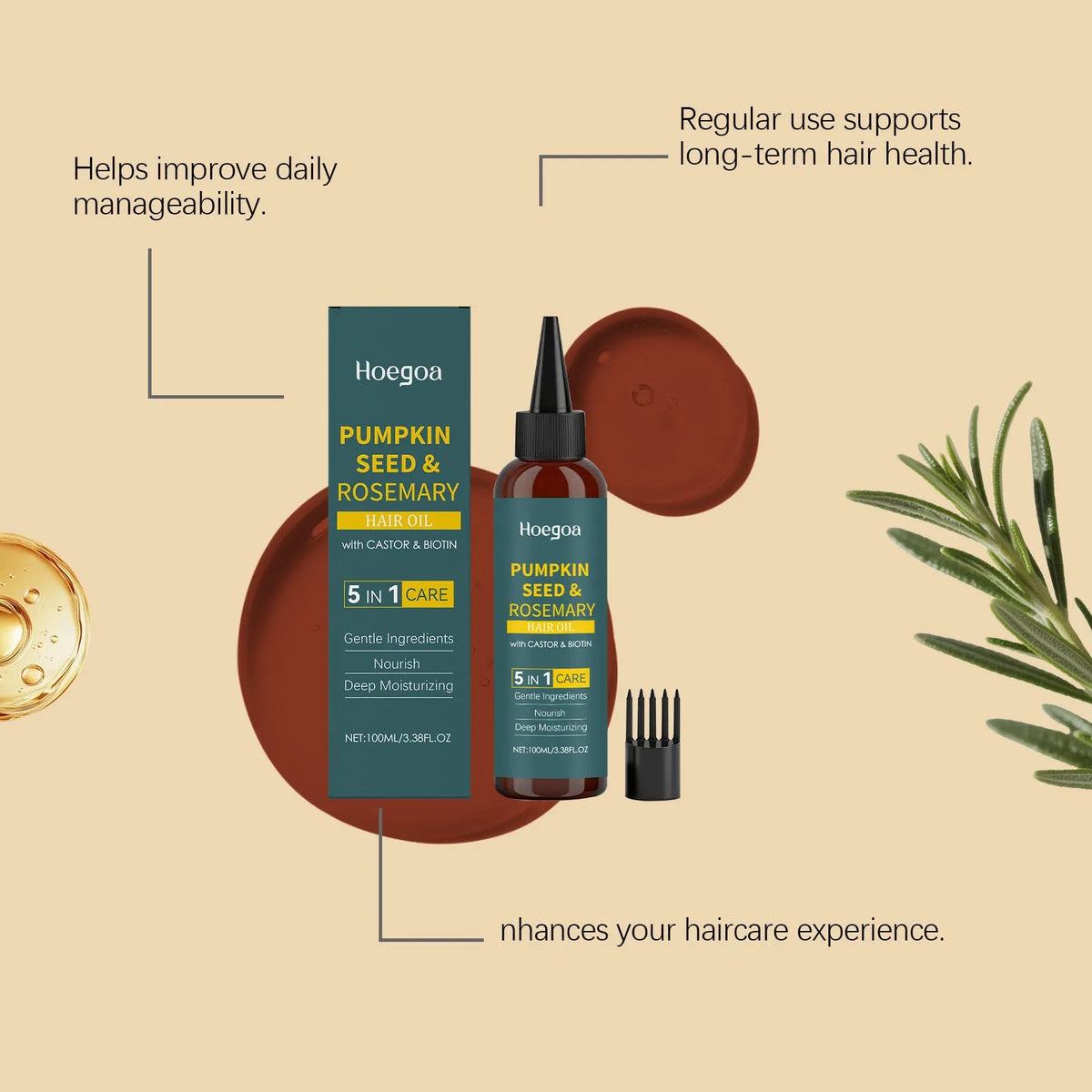 Rosemary hair essential oil 100ml bottle with pointed nozzle and hair comb