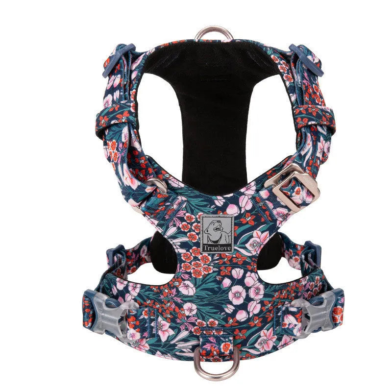 Pure cotton dog chest strap harness in a floral pattern colour, showing the pull-resistant design.